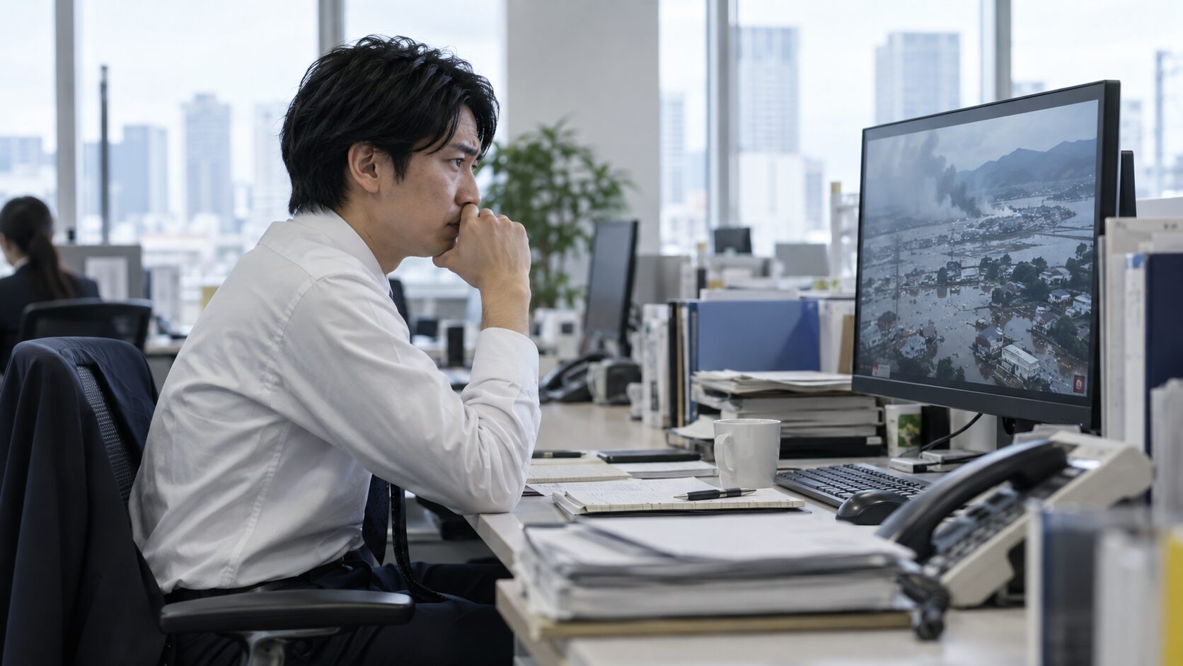 災害のニュース速報を見ながら自社にBCPがないことに気づいて不安な表情をしている総務担当者