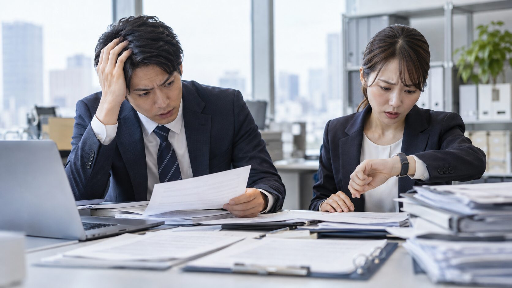 物流関連の法令資料を前に対応の遅れに気づいて焦っている総務・物流担当者