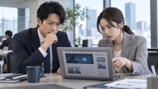 情報漏えいのニュース記事をノートPCで確認し深刻な表情で話し合う男女のビジネスパーソン