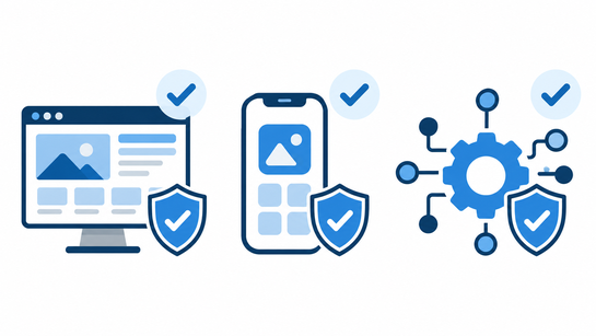 Webサイト・スマホアプリ・APIのアイコンにチェックマークと盾が付いた公開中Webサービスの棚卸しの図解