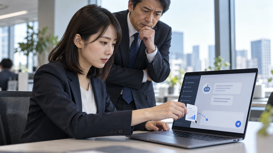 社内資料をAIチャットに入力しようとする社員と心配そうに画面をのぞき込む上司
